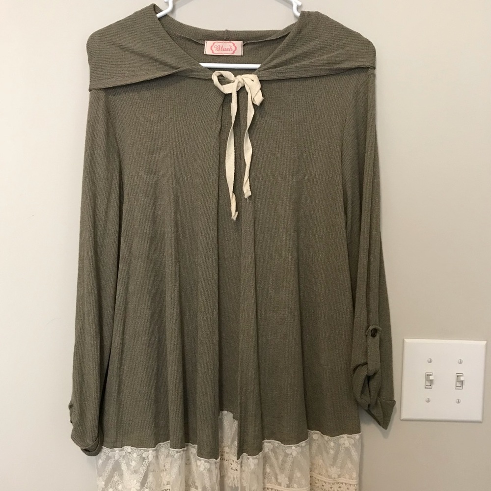 Olive green hooded cardigan with lace detail